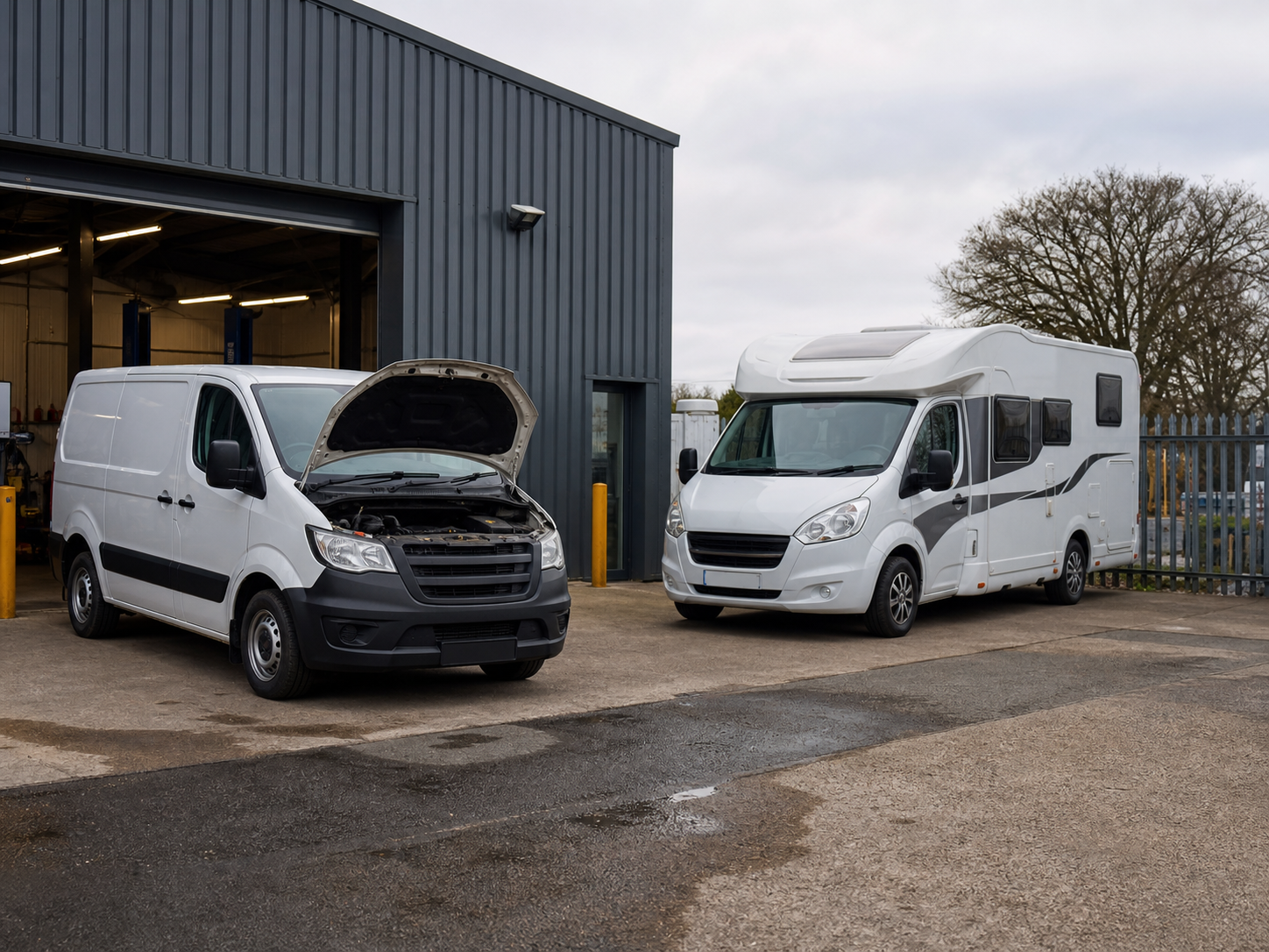 Generated placeholder showing a light commercial vehicle and motorhome outside a workshop.