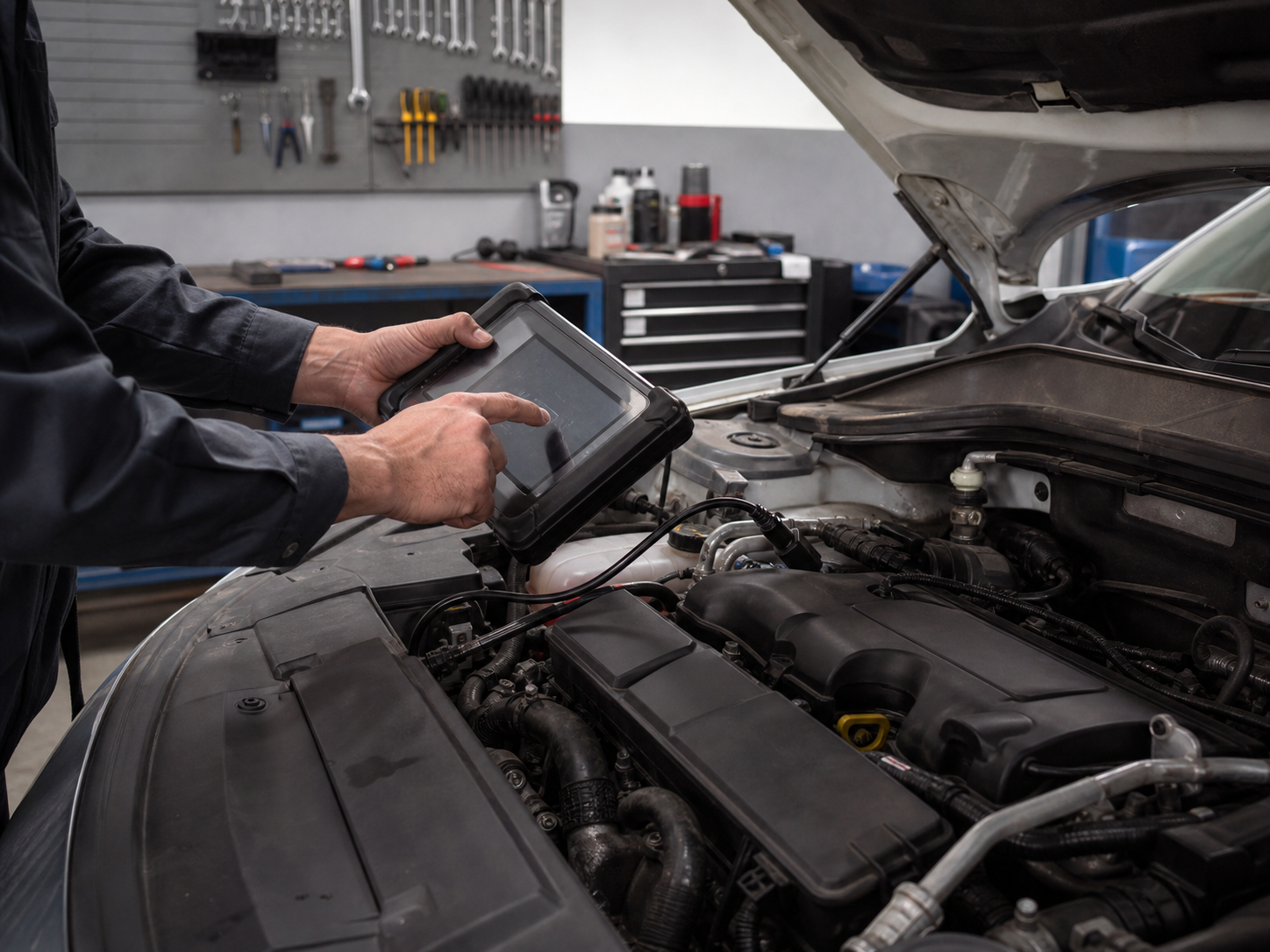 Generated placeholder showing diagnostic work under an open bonnet in a tidy workshop.