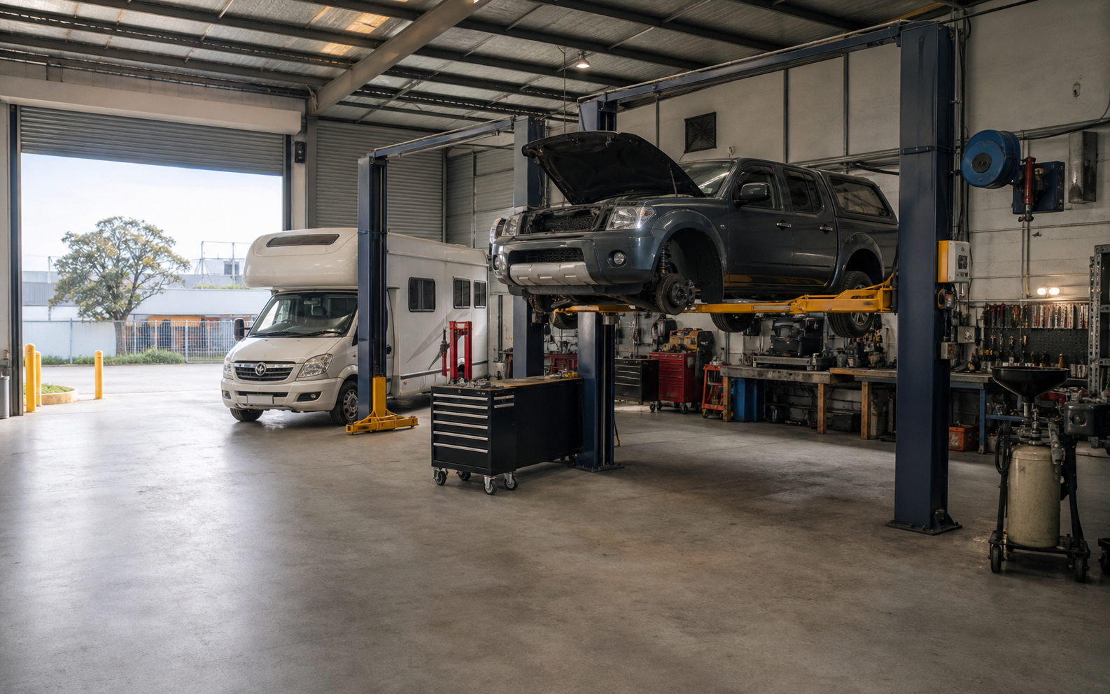 Generated placeholder showing a practical automotive workshop bay with a vehicle on a hoist and a motorhome-style vehicle nearby.